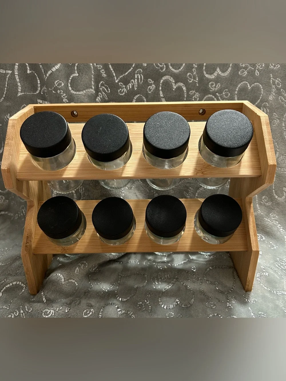 NWT Core Bamboo, Spice Rack with 8 Clear Jars and Black Lids